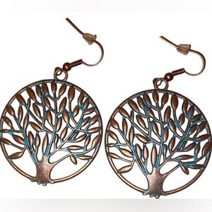 Folk Art Inspired Tree of Life Copper and Turquoise Colored Round Earrings